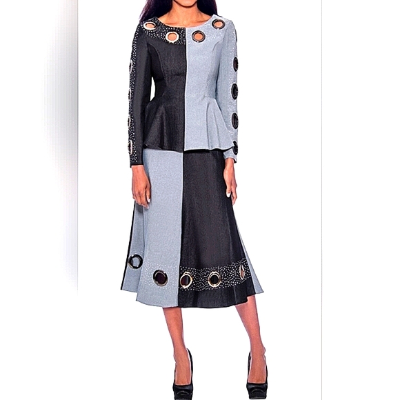 Devine Sport NY, NWOT two piece, 2 tone, denim skirt set, black and grey size 10 - Picture 1 of 10